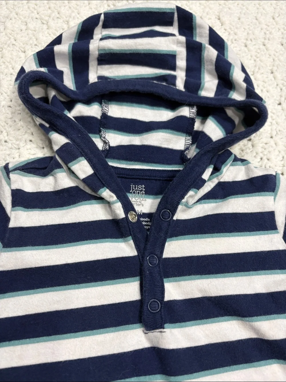 Just One You by Carter's Striped Hooded Baby Navy White & Teal Romper Size 18M !